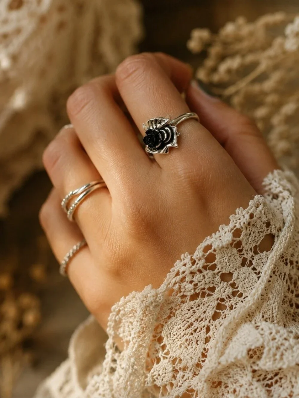 4/$15 Gothic Garden Rose Silver Black Stone Ring Women's Jewelry Sz 7